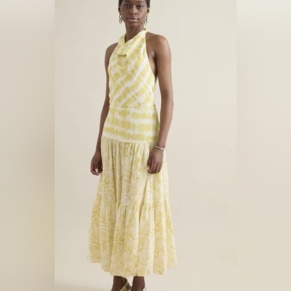 Banana Republic Yellow white Cowlneck Halter Open Back tiered maxi Dress size 18